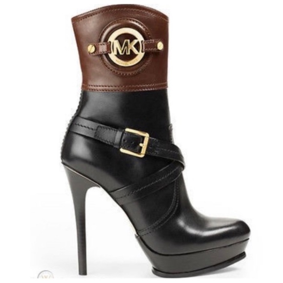 Michael Kors ‘Stockard’ Two Tone Black/Mocha Leather Platform Bootie Size 8 - Picture 6 of 9